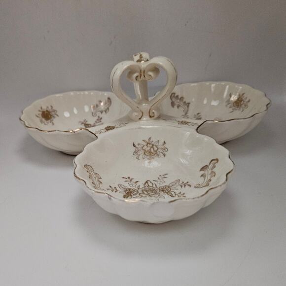 Vintage Japan Porcelain 3 Section Serving Dish Gold Floral Trim Handle - Picture 3 of 5